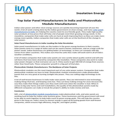 Top Solar Panel Manufacturers in India and Photovoltaic Module Manufacturers....
