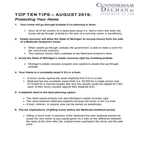 Top Ten Elder Law Tips to Protect Your Home