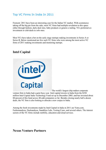 Top vc firms in india in 2011