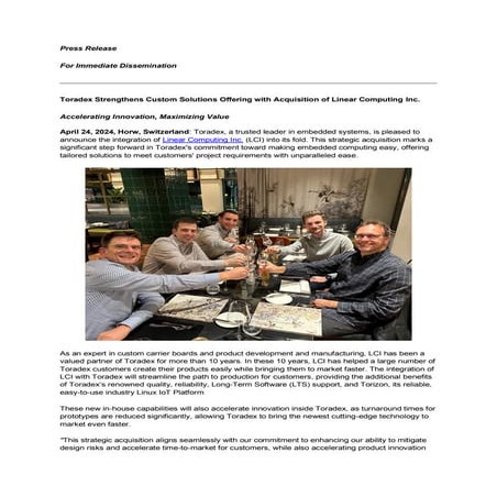 Toradex Strengthens Custom Solutions Offering with Acquisition of Linear Comp...