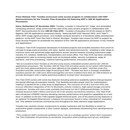 Toradex announces Titan Eval Kit w/ NXP's i.MX 95 - Early Access Program