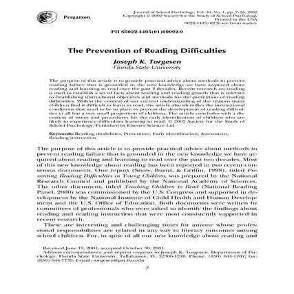 The Prevention of Reading Difficulties 