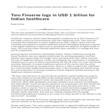 El Toro Finserve logs in USD 1 billion for Indian Healthcare