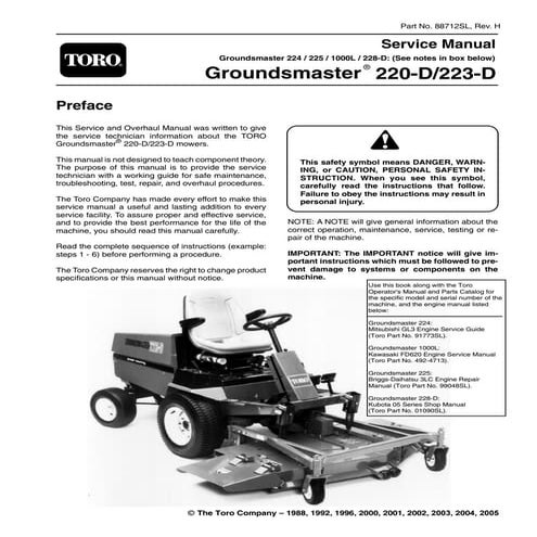 Toro groundsmaster 223 d mower service repair manual