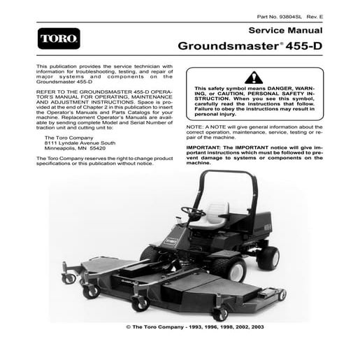 Toro groundsmaster 455 d mower service repair manual