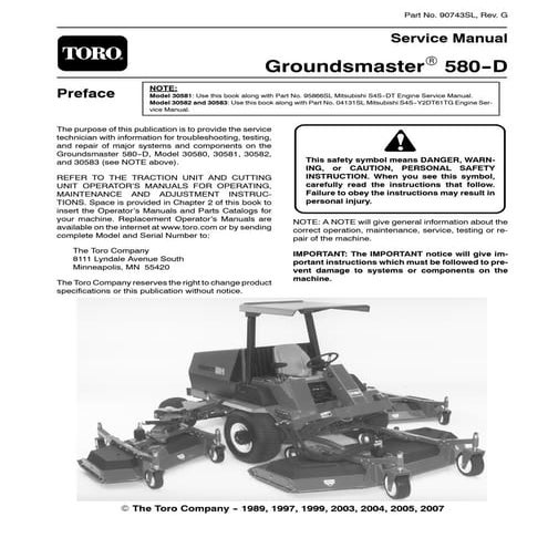 Toro groundsmaster 580 d mower service repair manual