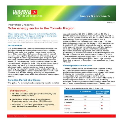 Toronto Region - Solar Energy Innovation Snapshot May 2011