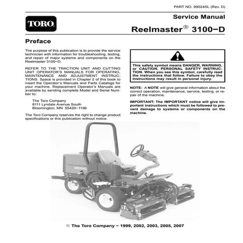 Toro reelmaster 3100 d mower service repair manual