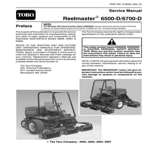 Toro reelmaster 6500 d (kubota engine) mower service repair manual