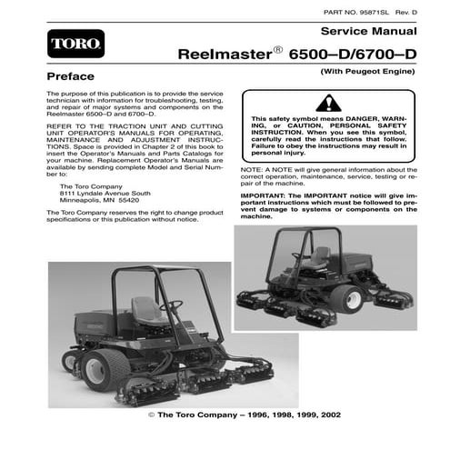 Toro reelmaster 6700 d (peugeot engine) mower service repair manual