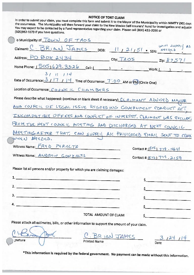 Tort claim by former Taos town attorney Brian James