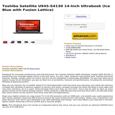 Toshiba satellite u945 s4130 14-inch ultrabook (ice blue with fusion lattice)