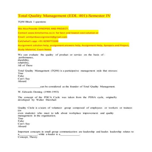 Total Quality Management MBA Semester 4 | DOCX