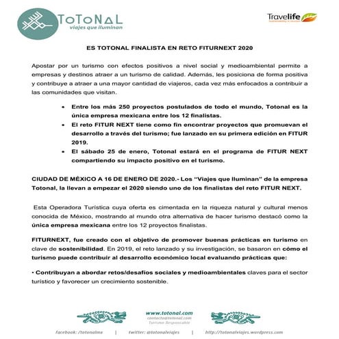 Medio Ambiente: Totonal viajes es finalista en el torneo Fiturnext 2020