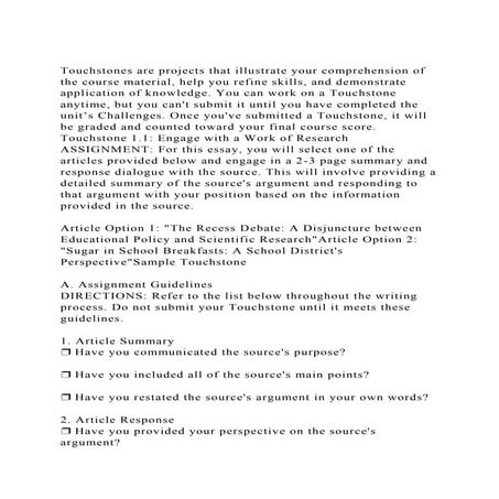 Touchstones are projects that illustrate your comprehension of the.docx