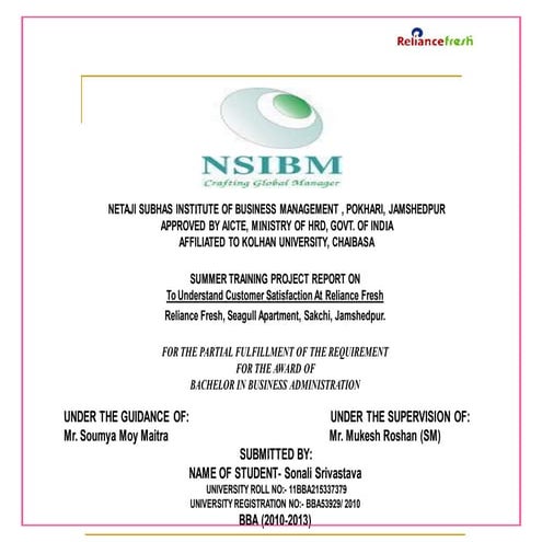 To understand customer satisfaction at reliance fresh