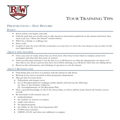 Red & White Student Organization - Tour Tips