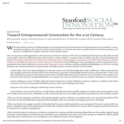 Toward entrepreneurial universities for the 21st century - Stanford
