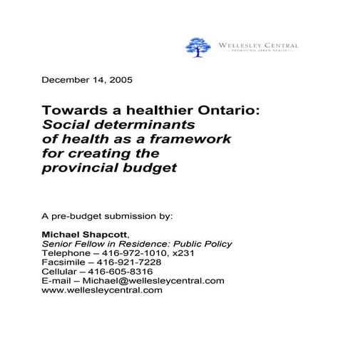 Towards a Healthier Ontario: Social Determinants of Health as a Framework for Creating the Provincial Budget