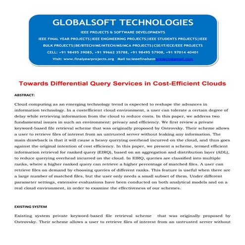 JAVA 2013 IEEE PARALLELDISTRIBUTION PROJECT Towards differential query servic...