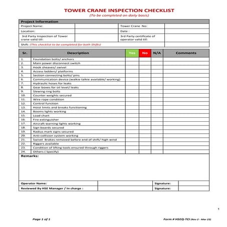 TOWER CRANE INSPECTION CHECKLIST Form # HSEQ - TCI  Rev 2 -.docx
