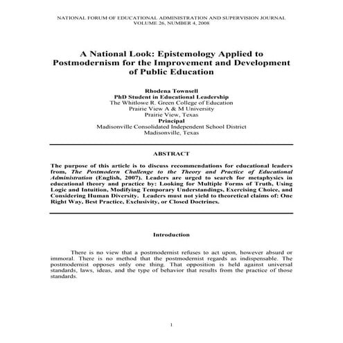 Townsell, Rhodena Epistemology Applied To Postmodernism For The Improvement A...
