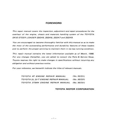 Toyota 2 Sdk7 Skid Steer Loader Service Repair Manual
