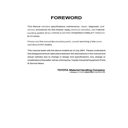 Toyota 7 fbcu55 forklift service repair manual