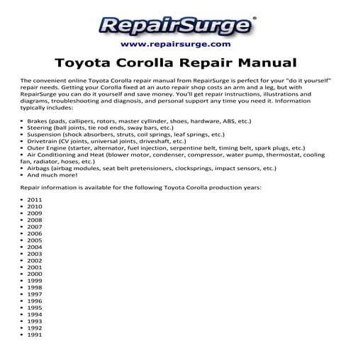 Toyota corolla repair manual 1990 2011