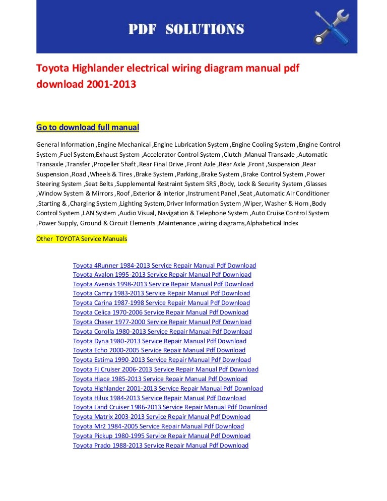 Toyota highlander electrical wiring diagram manual pdf download 2001 … Toyota highlander electrical wiring diagram manual pdf download 2001 …