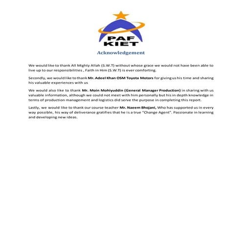 Toyota Pakistan Project Report