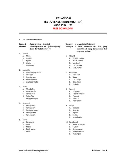 Soal Tes Potensi Akademik Tpa
