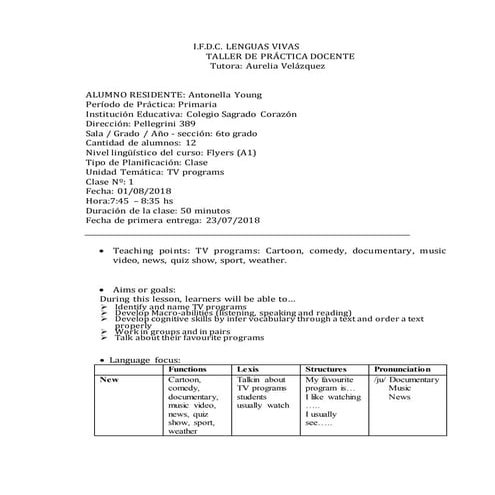 Lesson plans, class 1