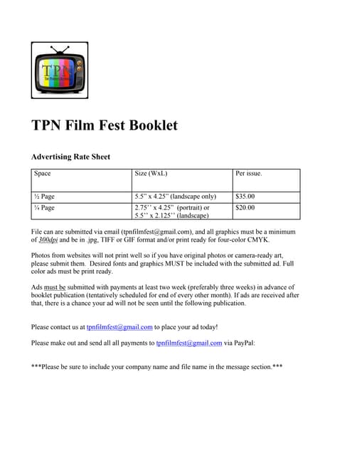 Tpn film fest ad rate sheet