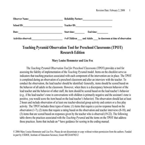Using the Teaching Pyramid Observation Tool (TPOT™) for Preschool ...