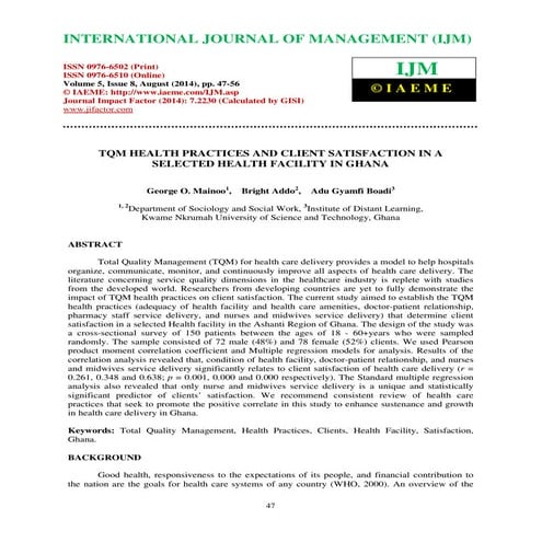 Tqm health practices and client satisfaction in a selected health facility in...
