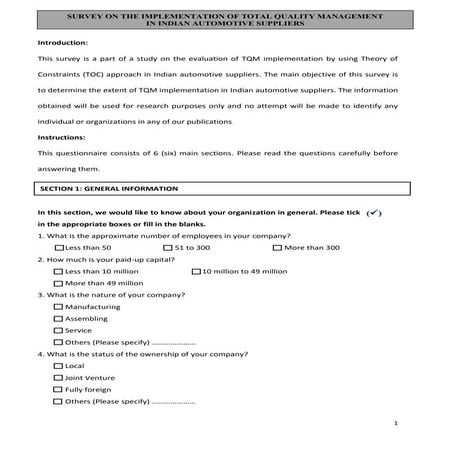 Tqm indian auto component questionnaire