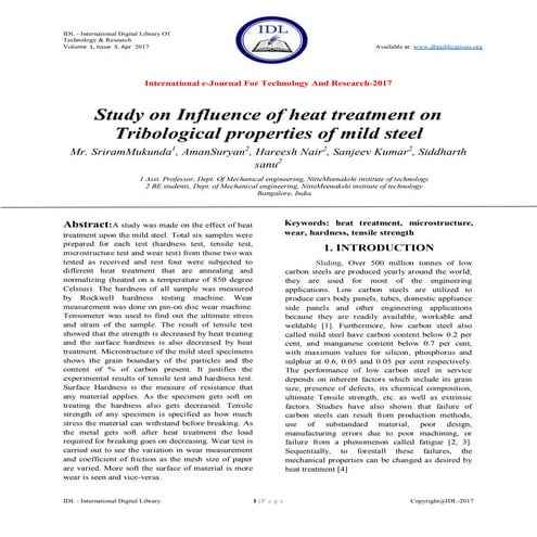 Study on Influence of heat treatment on Tribological properties of mild steel