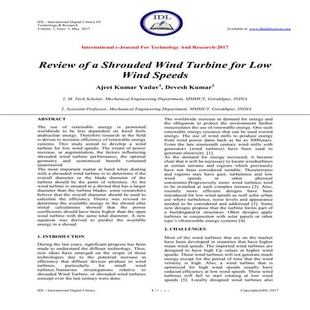 Review of a Shrouded Wind Turbine for Low Wind Speeds | PDF