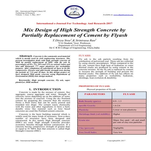 Mix Design of High Strength Concrete by Partially Replacement of Cement by Fl...