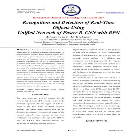 Recognition and Detection of Real-Time Objects Using Unified Network of Faste...