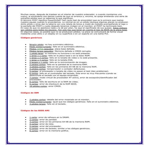 Codigos de Error en una PC y Componentes de una PC que pueden averiarse ...