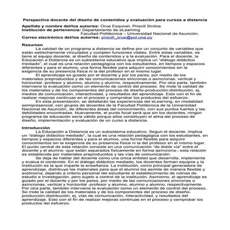 Perspectiva docente del diseño de contenidos y evaluación para cursos a dista...