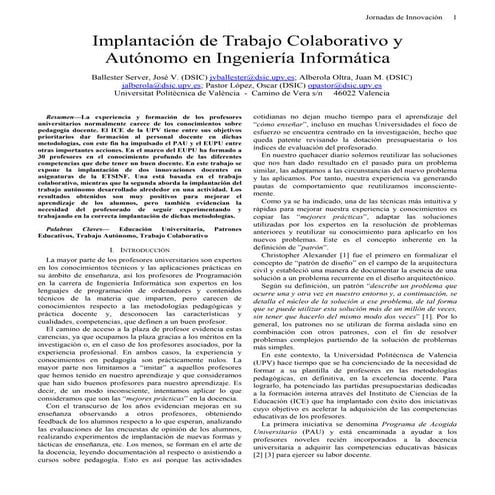  Implantación de Trabajo Colaborativo y  Autónomo en Ingeniería Informática