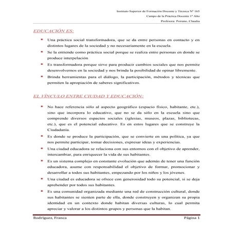 Trabajo de reflexión: Ciudad educadora.Realizado por Franca Rodriguez