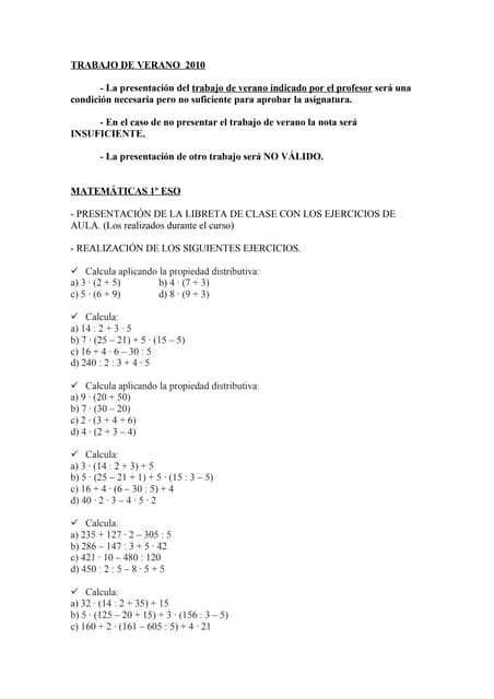 Trabajo de verano  2010 mate 1º eso