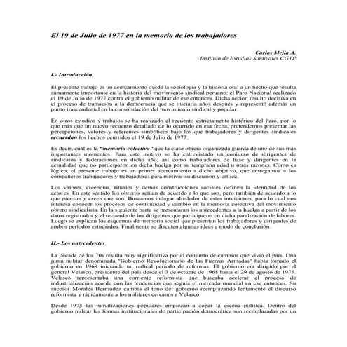 Trabajo sobre el Paro Nacional del 19 de julio 1977 en Perú