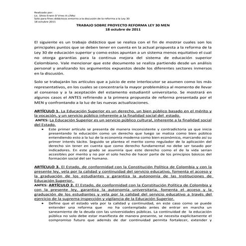 Trabajo sobre proyecto reforma ley 30 men