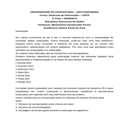 Trabalho métodos de ordenação