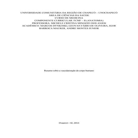 Resumo sobre a vascularização do corpo humano